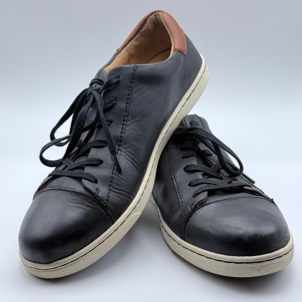 Born Mens 9.5 Black Leather Low Top Sneakers Brown Heel Hand Crafted